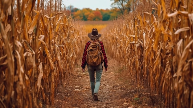 A person walking across a cornfield on a fall trek To stay warm and blend in they are dressed in the ideal fall attire GENERATE AI