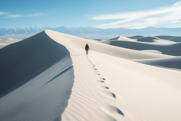 A person walking across a sand dune in the desert