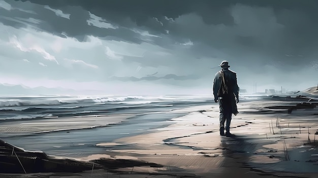 Person walking alone on a beach lost in thought digital art illustration generative AI