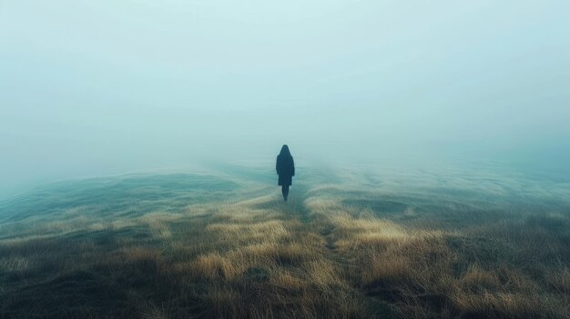 Photo person walking alone in a foggy field