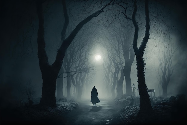 A person walking alone in the foggy night underneath the pale moonlight