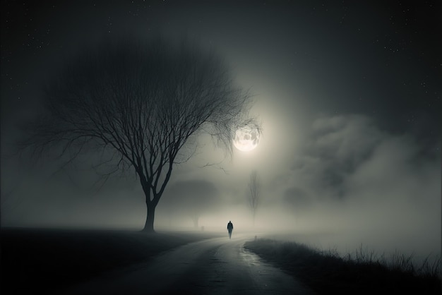 A person walking alone in the foggy night underneath the pale moonlight