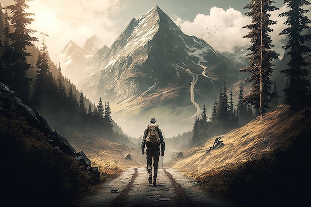 A person walking along a mountain road surrounded by scenic views Adventurous and exploratory design nature and outdoors mountains and valleys freedom and escape tranquility and serenity AI