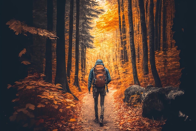 A person walking in autumn foliage forest woods in city park with backpack