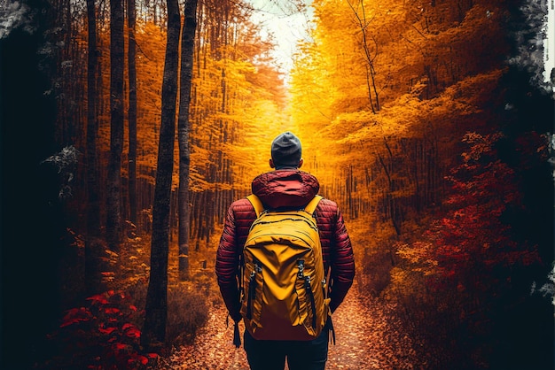 A person walking in autumn foliage forest woods in city park with backpack