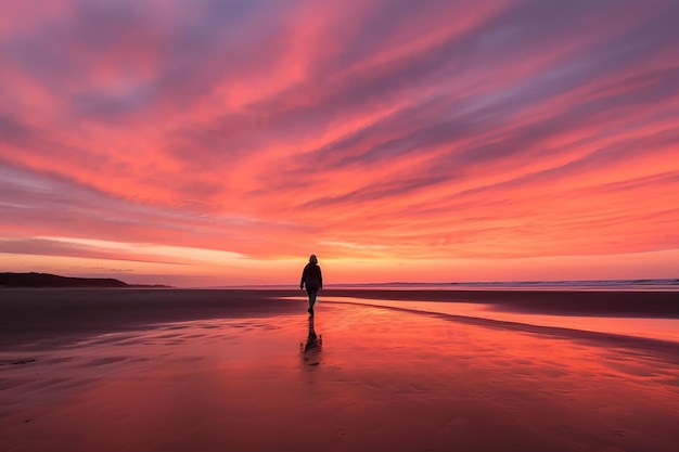 A person walking on a beach in front of a sunset