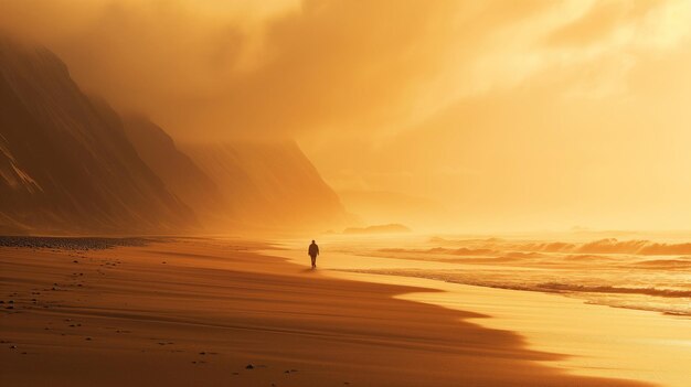 Person Walking on Beach at Sunset