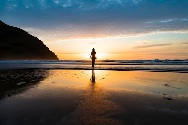 A person walking on the beach at sunset