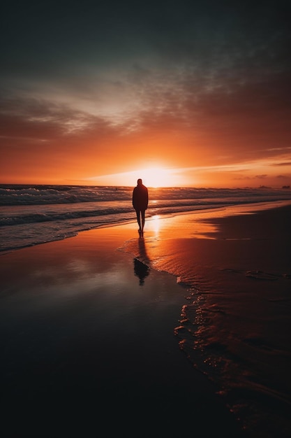 A person walking on the beach at sunset