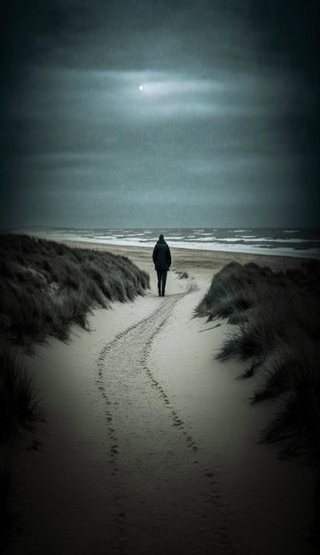 A person walking on a beach with the moon in the sky