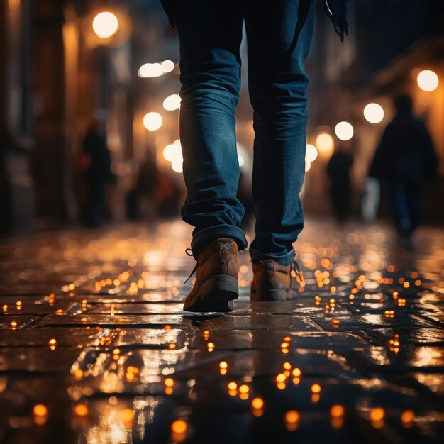 Foto persona che cammina su un ponte al tramonto uomo d'affari che camminano per strada con effetto sfocato lifgt