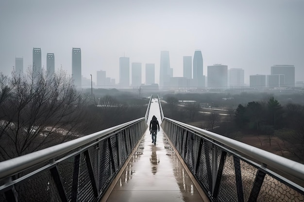 Person walking on bridge with view of busy cityscape in the distance created with generative ai