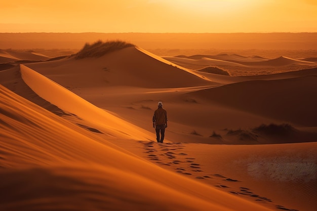 A person walking in the desert with the sun setting behind them