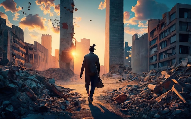 Person walking in a destroyed city