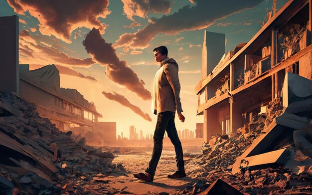 Person walking in a destroyed city