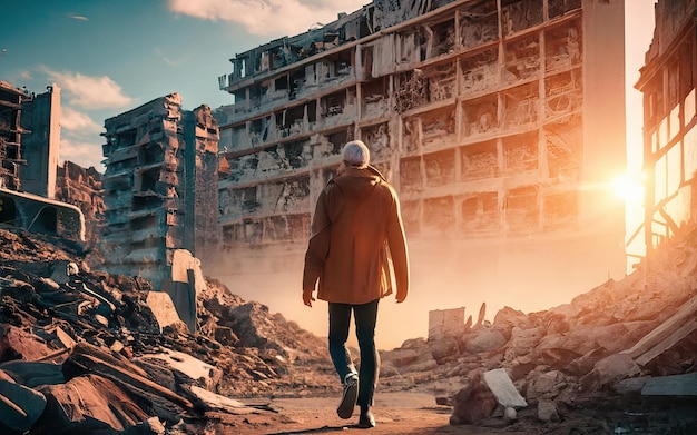 Person walking in a destroyed city