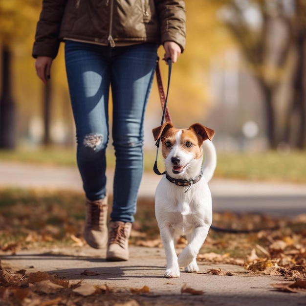 リードにつないで犬の散歩をしている人