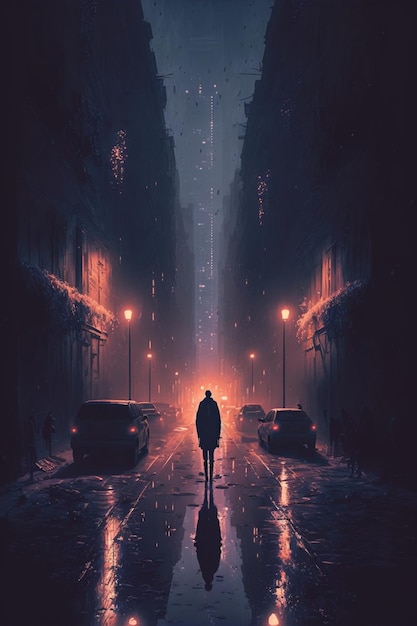 Person walking down a city street at night Generative Ai