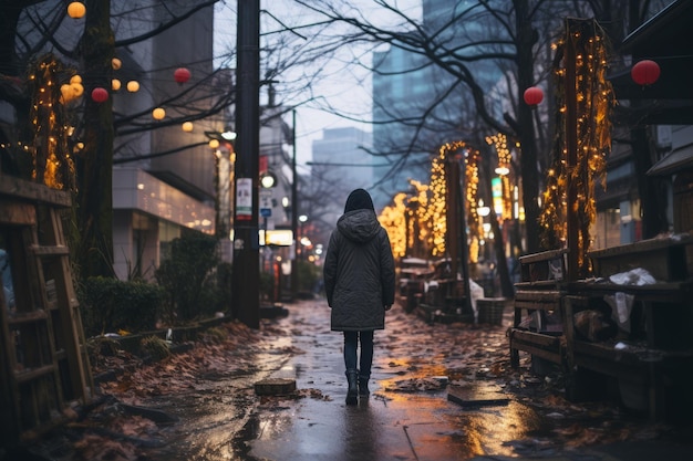a person walking down a city street in the rain