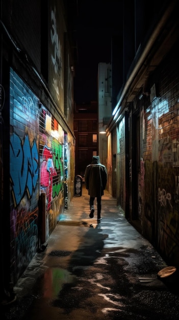 A person walking down a dark alley with graffiti on the walls generative ai image