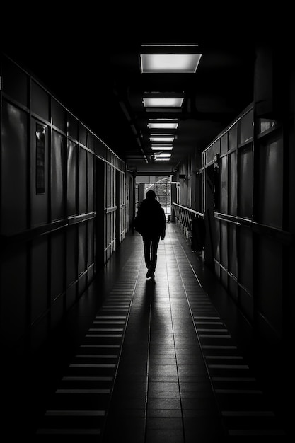 A person walking down a dark hallway with a sign that says'the word'on it '