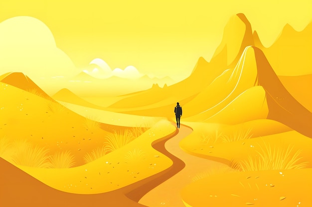 山を背景に砂漠の道を歩く人 生成 AI