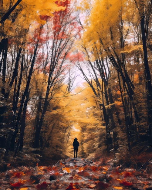 a person walking down a path in the middle of an autumn forest