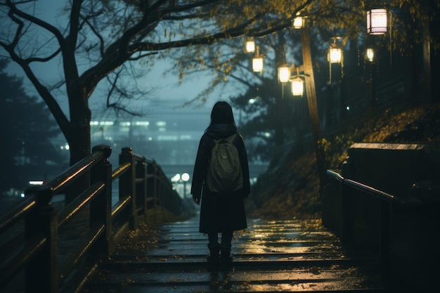 a person walking down a path at night with a backpack