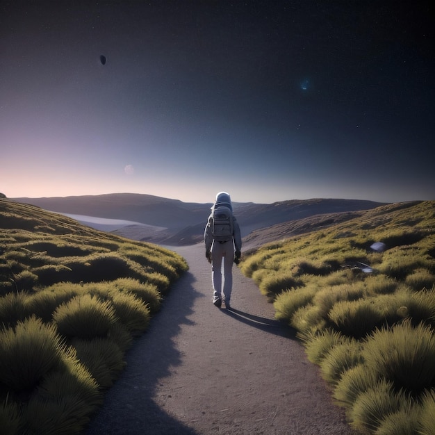 A person walking down a path with a moon in the background.