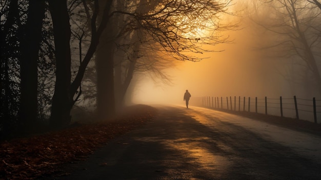 a person walking down a road in the fog