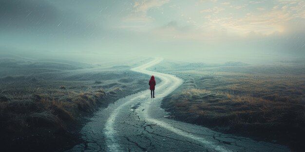 Photo person walking down a road in the middle of a field generative ai