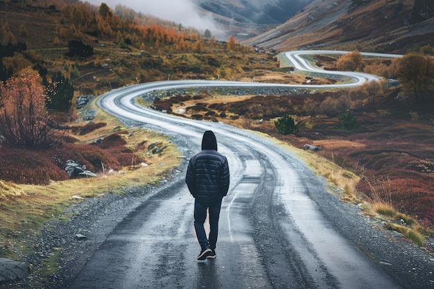 Foto una persona che cammina lungo una strada in montagna