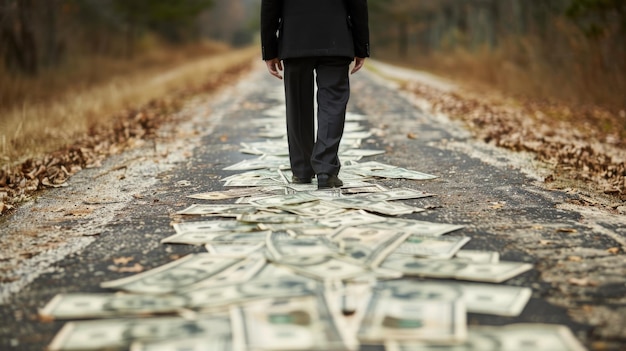 Photo person walking down road with money