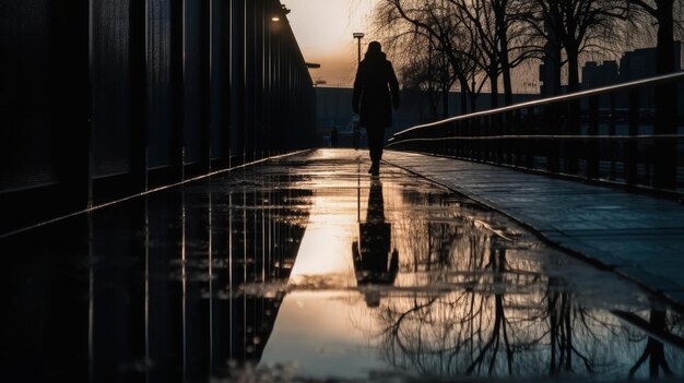 A person walking down a sidewalk in the rain