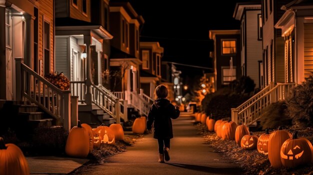 Photo a person walking down a sidewalk with carved pumpkins generative ai image