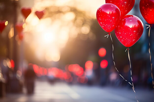 Person walking down street with red balloons in the air Generative AI