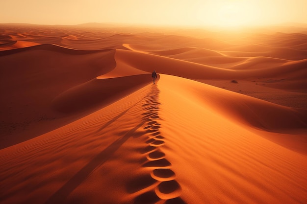 Person walking in Dubai desert at sunset