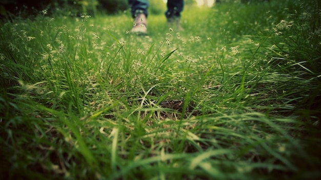 A person walking in a field of grass
