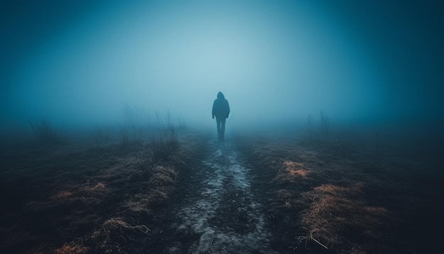 A person walking in a foggy field with a dark blue background.