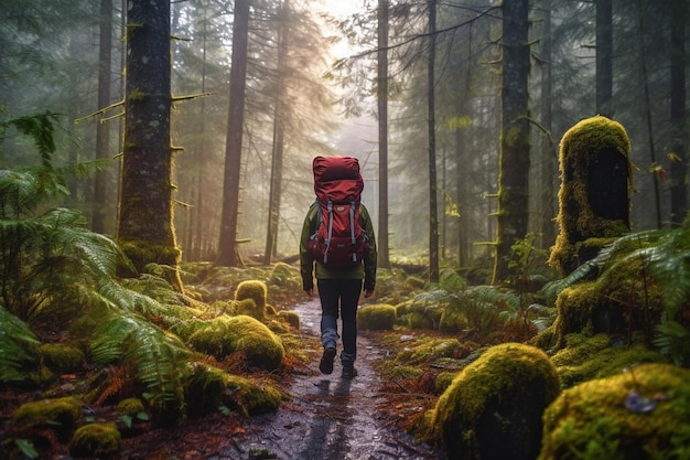 A person walking in a forest with a backpack on their shoulders.