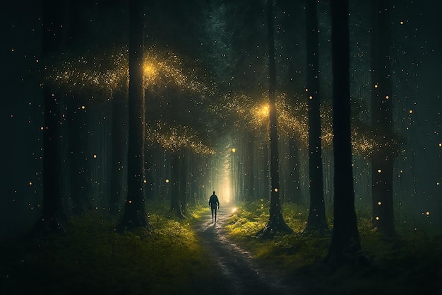 Person walking from far in a green forest between the small golden spirits of forest Generative AI