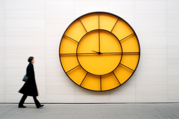 a person walking in front of a large clock