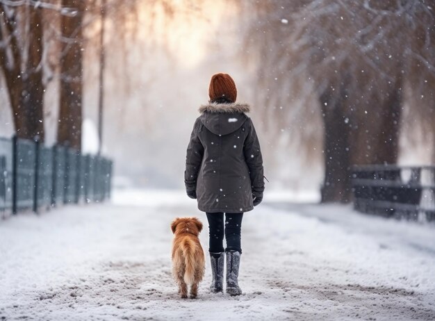 person walking her dog in a woods in snow
