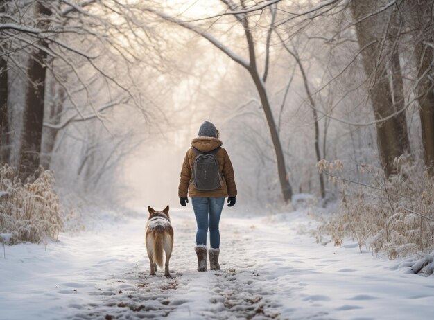 person walking her dog in a woods in snow