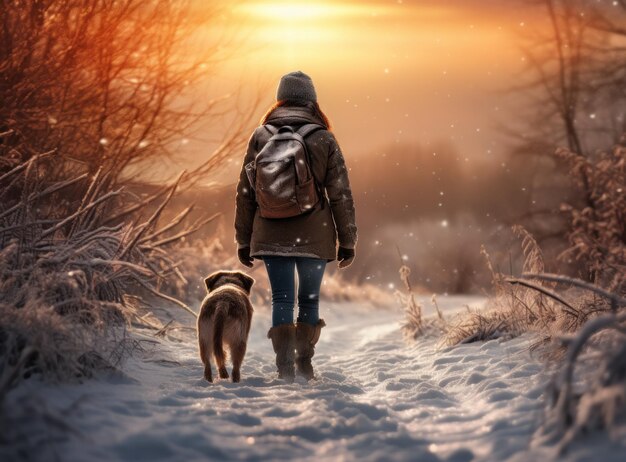 person walking her dog in a woods in snow