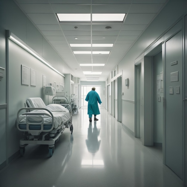 A person walking in a hospital corridor with a sign that says " hospital ".