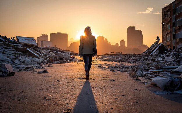 写真 破壊された都市を歩く人