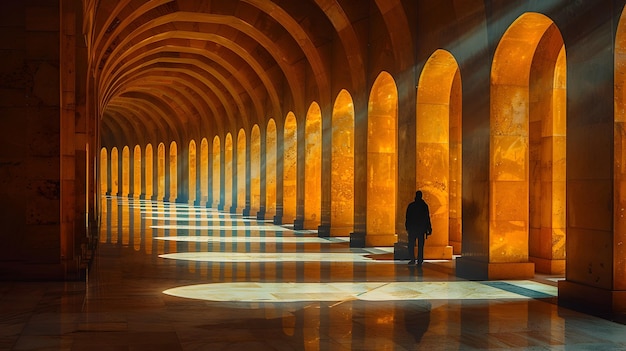 Фото Человек, идущий по коридору, заполненному светящейся аркой