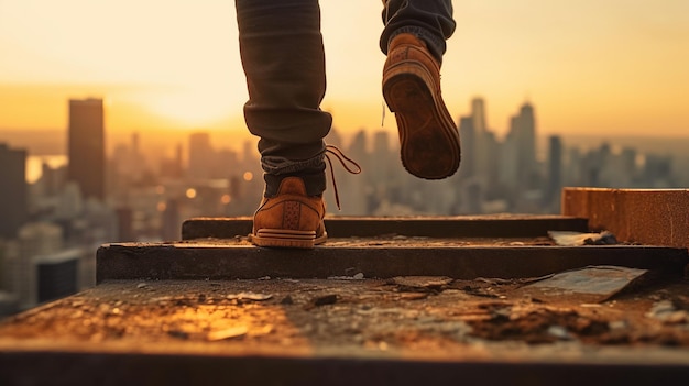 A person walking on a ledge with the city in the background