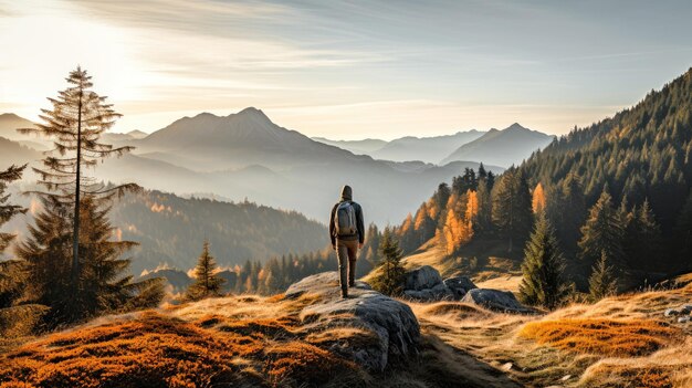 Человек, гуляющий в горном пейзаже, восход солнца в осенний сезон